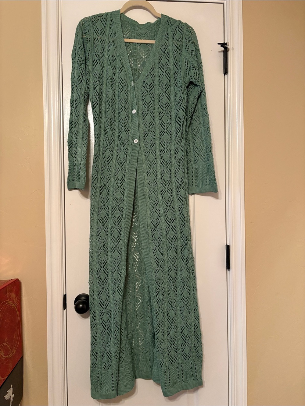 Long Open-Knit Duster Cardigan in Sage Green